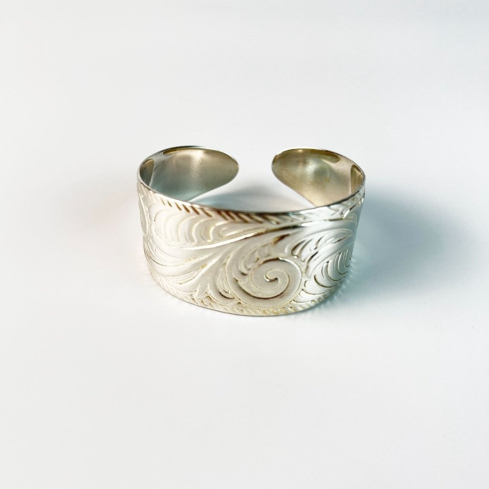 Embossed Floral Scroll Solid Sterling Silver Graduated Wide Cuff Bracelet - Picture 5 of 10